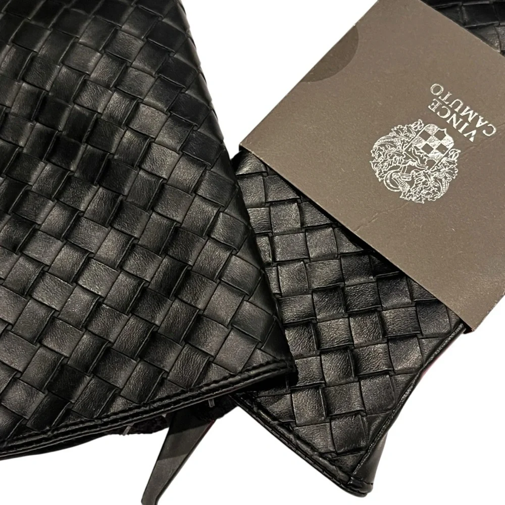 Vince Camuto Black Woven Gloves Faux Leather Fleece Lined Winter Dressy Classic